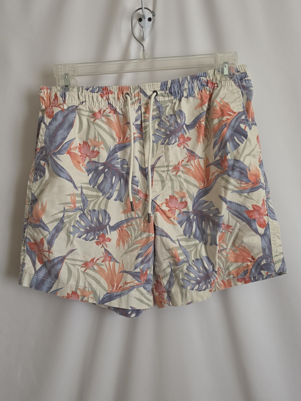 Men's Tropical Print Twill Pull On Shorts - Cream with Coral & Blue